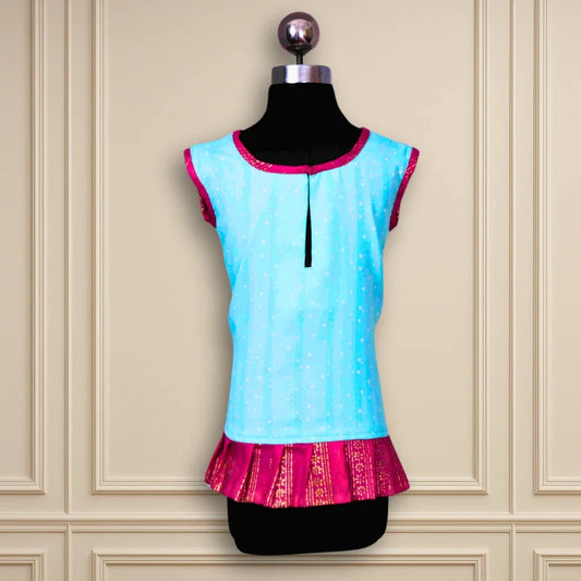 Beautiful Blue and Pink Daily Wear A-line Frock