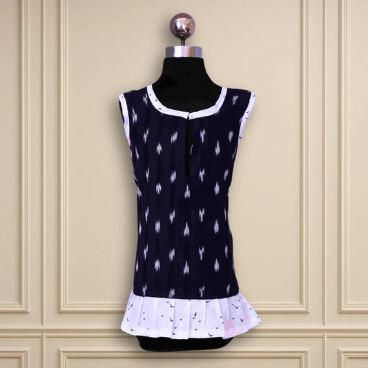 Beautiful casual wear A-line ikkat frock navy blue body