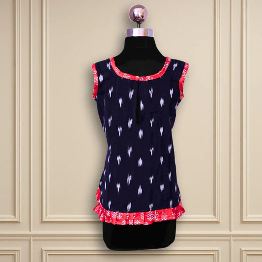 Beautiful casual wear A-line ikkat frock navy blue body