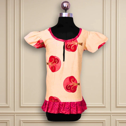 Beautiful casual wear A-line frock beige body red color