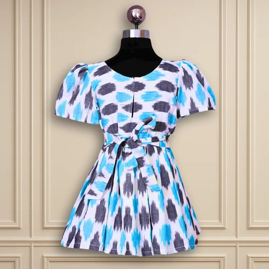Beautiful casual wear ikkatt cotton waist frock white blue