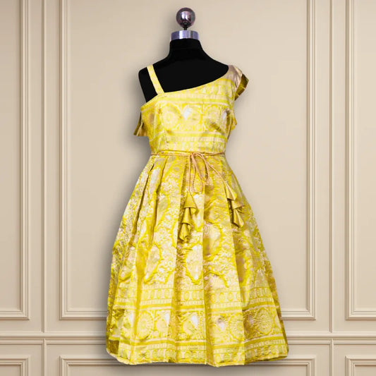 Beautiful Party wear yellow one side shoulder waist frock frills