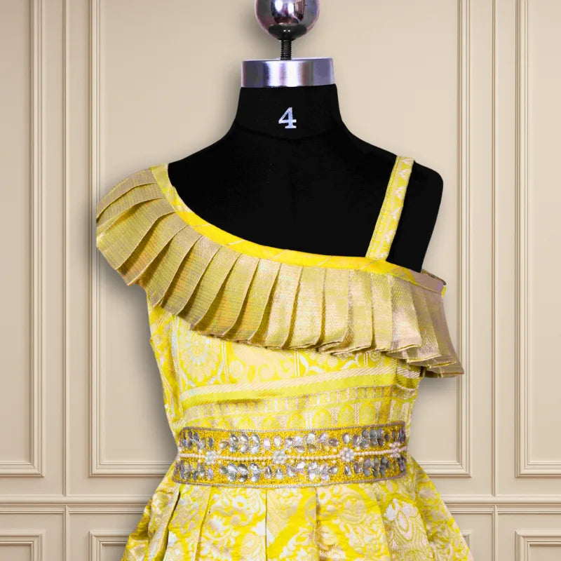 Beautiful Party wear yellow one side shoulder waist frock frills