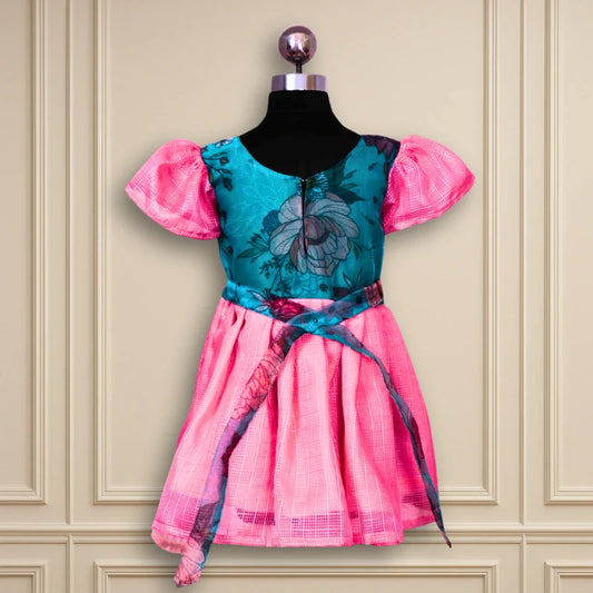 Beautiful Party wear dark green yoke pink skirt puff sleeves