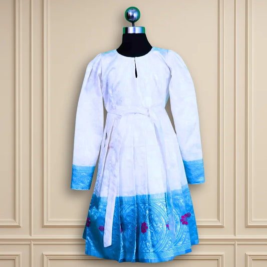 Beautiful Party wear white base light blue skirt border sleeves