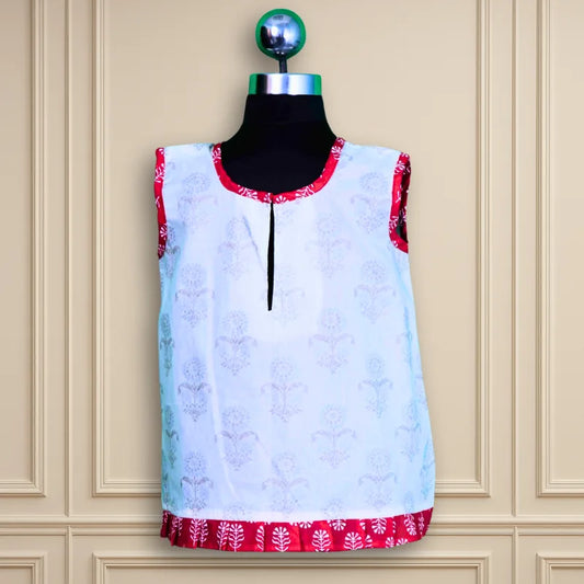 Beautiful Casual wear Daily wear white frock red piping sleeveless