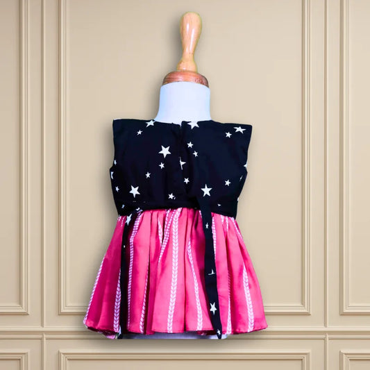 Beautiful Daily wear navy blue white star pink skirt frock