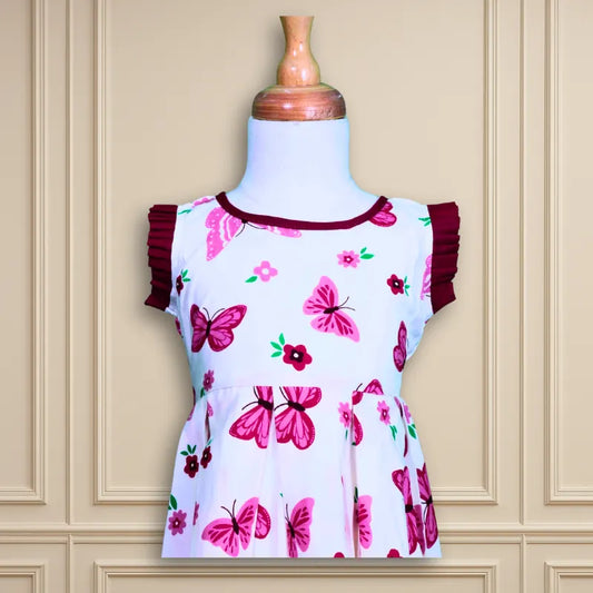 Beautiful Casual wear waist frock pleated sleeve white base maroon