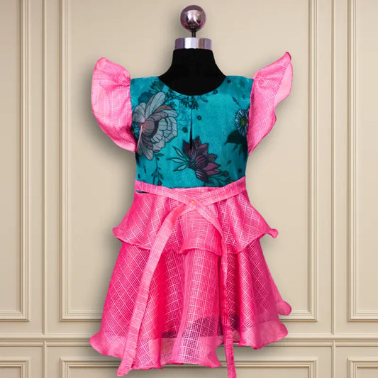 Beautiful Designer Organza Dark Green Digital Print kids wear