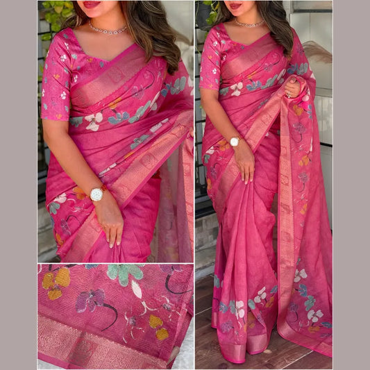 Jute cotton jacuard zari border dusty pink