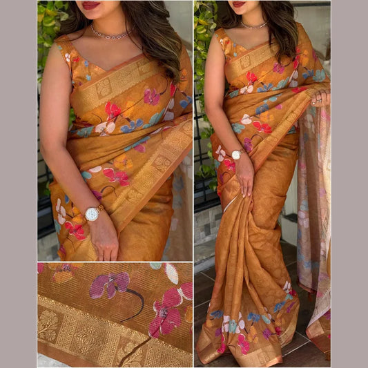 Jute cotton jacuard zari border rust colour