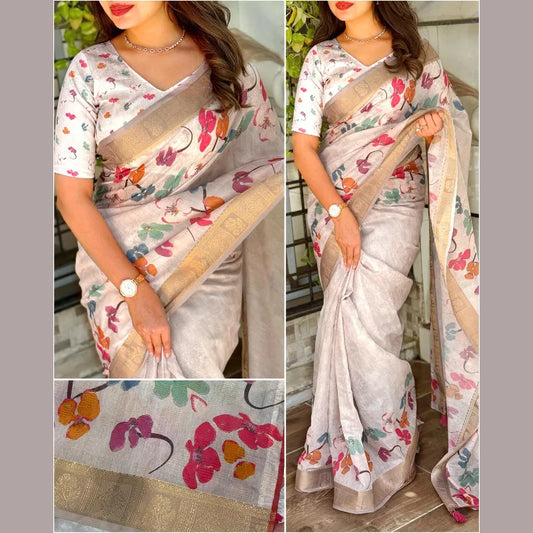 Jute cotton jacuard zari border white