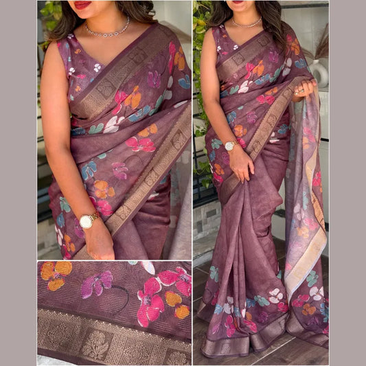 Jute cotton jacuard zari border jamun colour