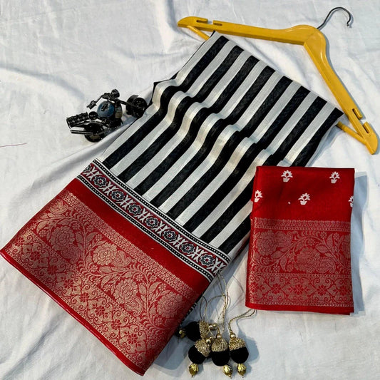 Soft Dola Silk Saree Black and White Stripes with Red Jaccuard Border
