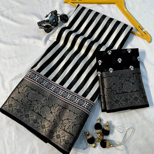 Soft Dola Silk Saree Black and White Stripes with Black Jaccuard Border