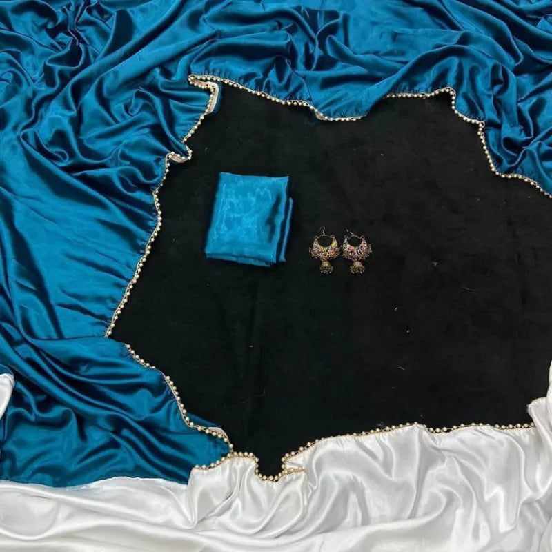 Metallic blue satin saree plain