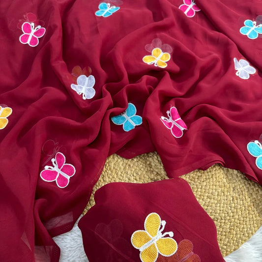 Premium Georgette Brown Color Saree with Butterfly Embroidery