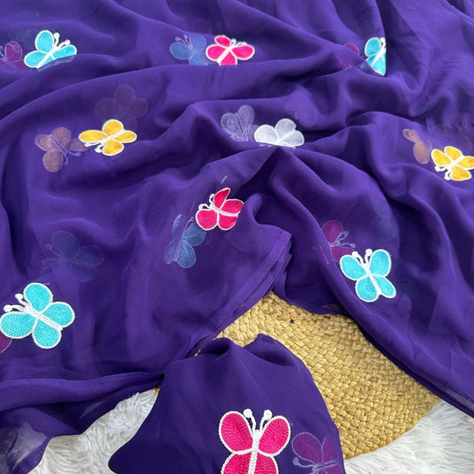 Premium Georgette Ms Blue Color Saree with Butterfly Embroidery