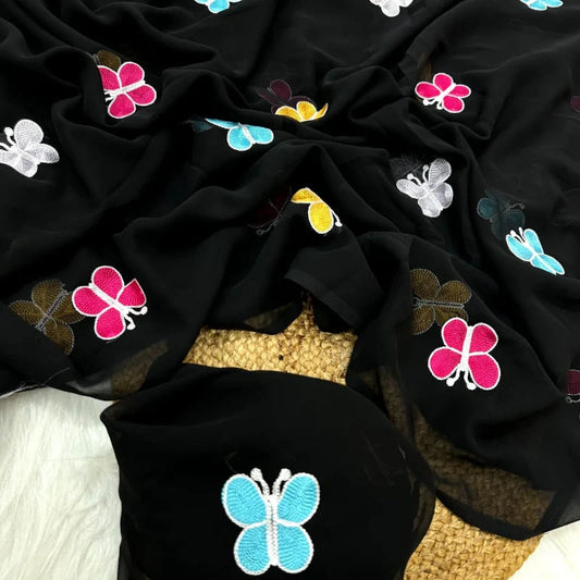 Premium Georgette Black Color Saree with Butterfly Embroidery