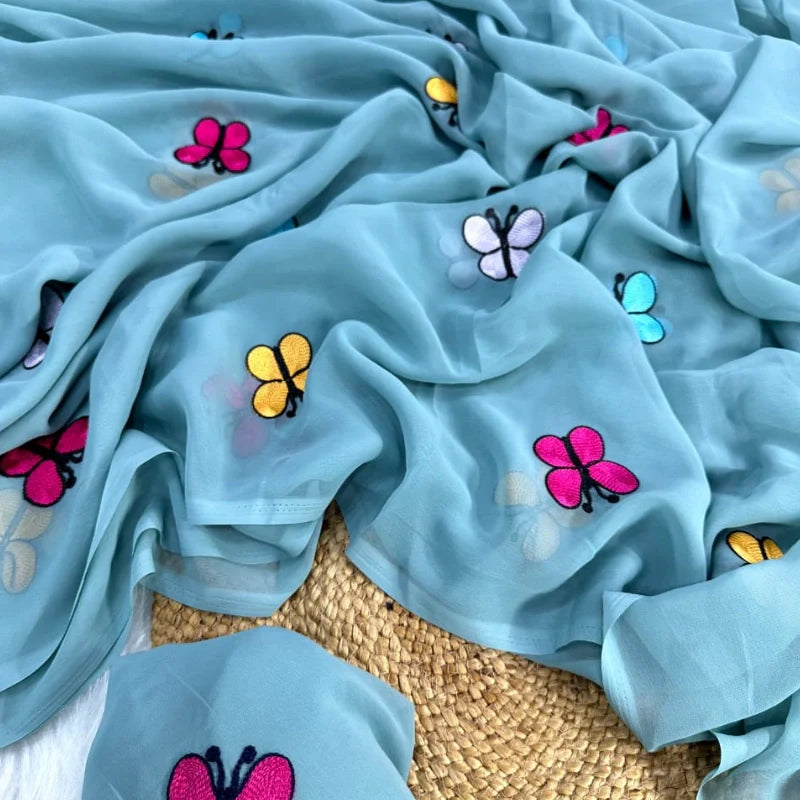 Premium Georgette Teal Blue Color Saree with Butterfly Embroidery