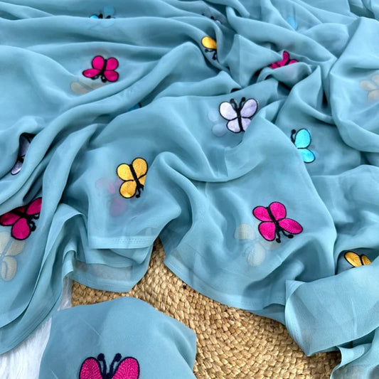 Premium Georgette Teal Blue Color Saree with Butterfly Embroidery