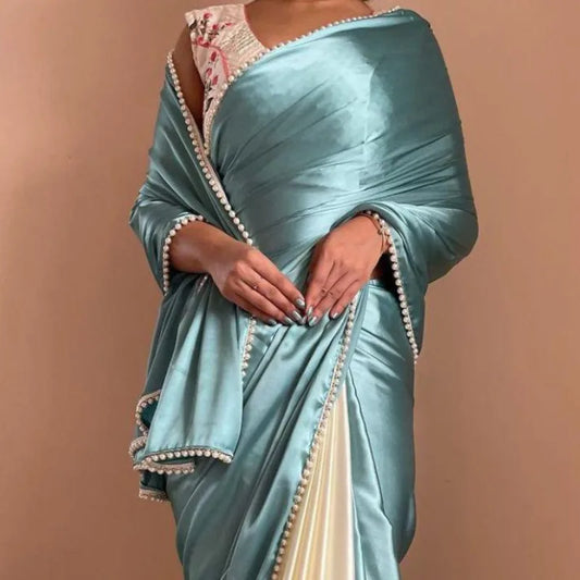 Heavy satin silk sky blue and white