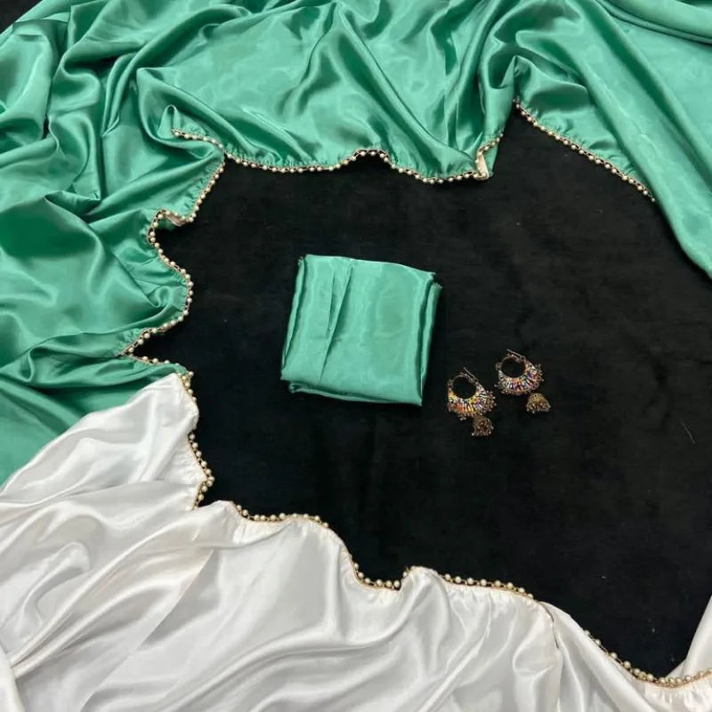 Green and white satin saree plain