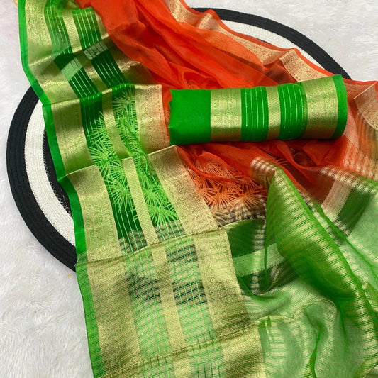 Tissue Khadi Organza Silk Jacquard Orange with Green Border
