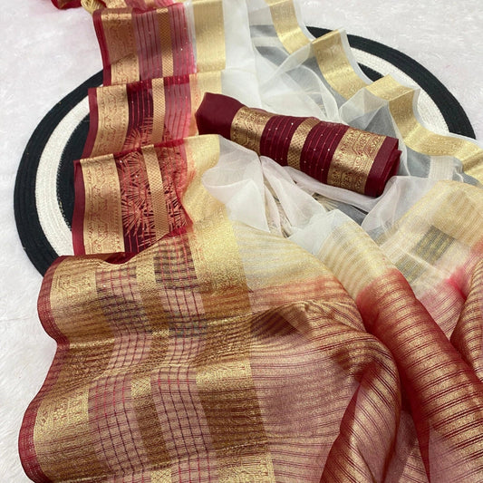Tissue Khadi Organza Silk Jacquard White and Brick Red Border
