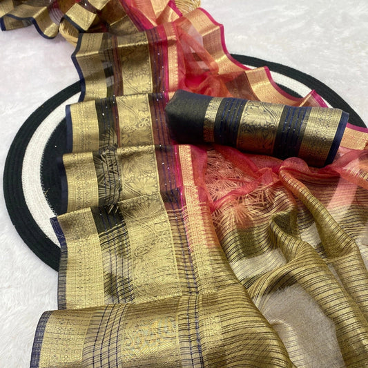 Tissue Khadi Organza Silk Jacquard Brick Red and Greyish Black Border