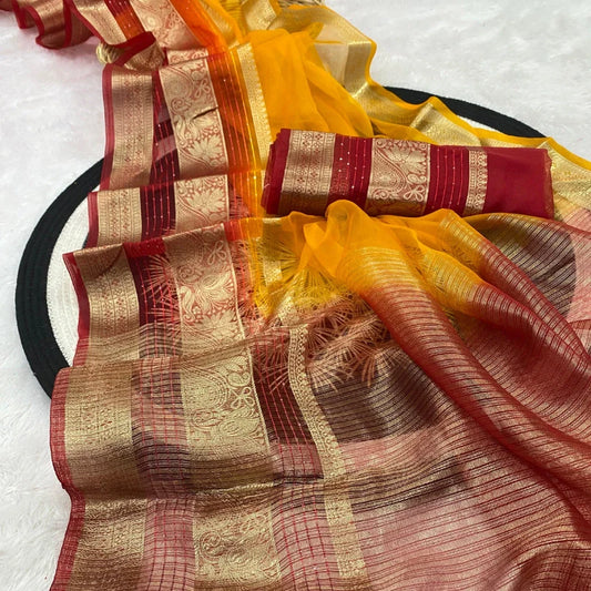 Tissue Khadi Organza Silk Jacquard Yellow and Brick Red Border