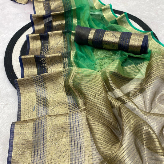 Tissue Khadi Organza Silk Jacquard Dark Green and Greyish Black Border
