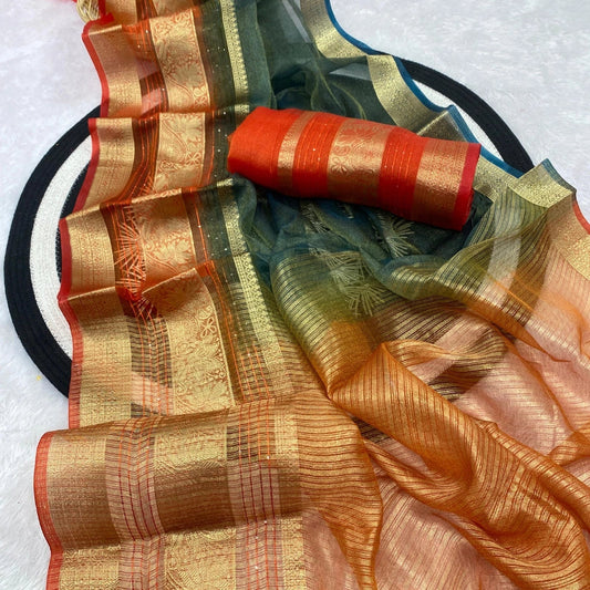 Tissue Khadi Organza Silk Jacquard Greyish Black and Orange Border