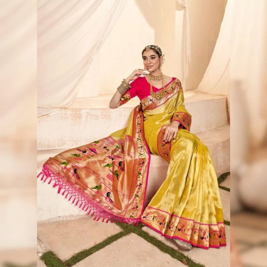 Pure Soft Tissue Silk Banarasi Paithani Yellow Saree