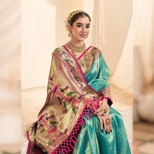 Pure Soft Tissue Silk Banarasi Paithani Sea Blue Saree