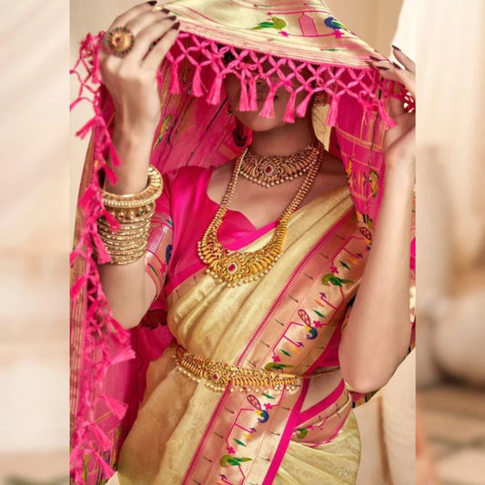 Pure Soft Tissue Silk Banarasi Paithani White Saree