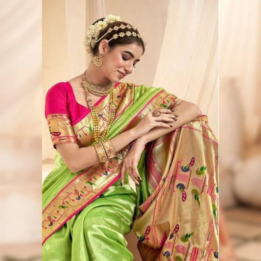 Pure Soft Tissue Silk Banarasi Paithani Parrot Green Saree