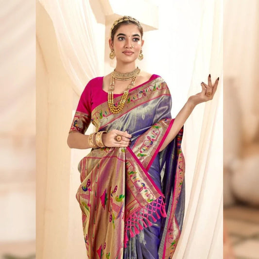 Pure Soft Tissue Silk Banarasi Paithani Lavender Saree