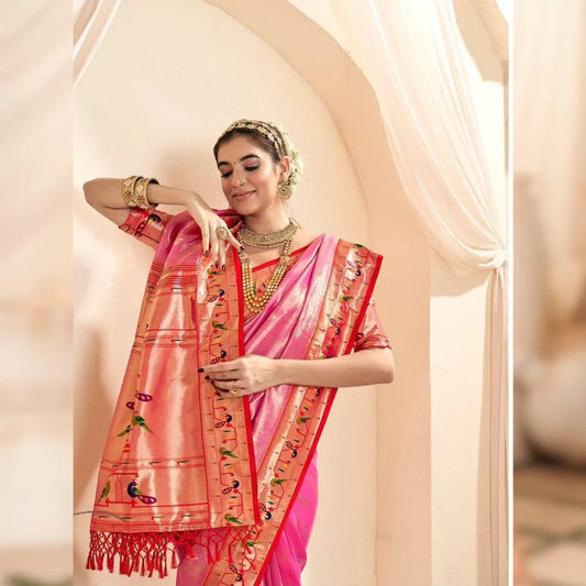 Pure Soft Tissue Silk Banarasi Paithani Baby Pink Saree