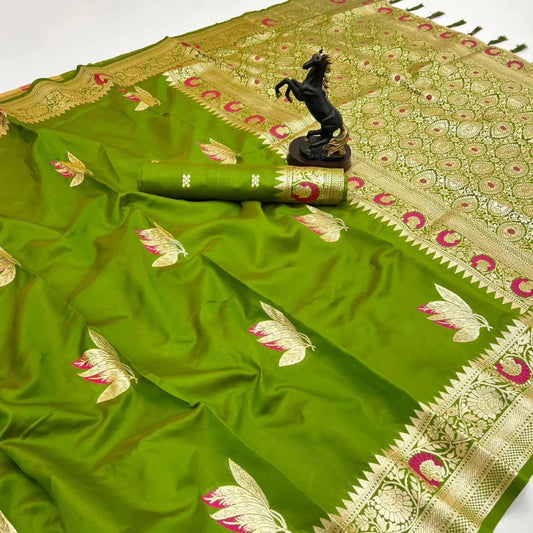 banarasi saree with zari border leaf green colour