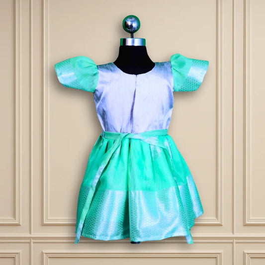 Beautiful Party wear aari work frock grey yoke with beautiful