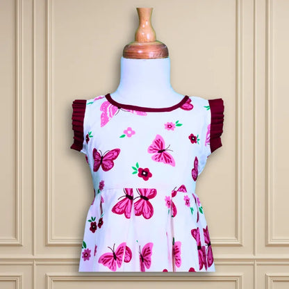 Beautiful Casual wear waist frock pleated sleeve white base maroon