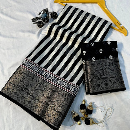 Soft Dola Silk Saree Black and White Stripes with Black Jaccuard Border