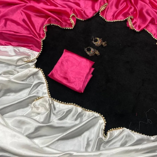Pink and white satin saree plain