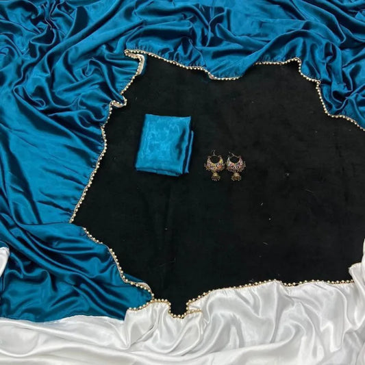 Metallic blue satin saree plain