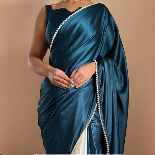 Heavy satin silk metallic blue and white