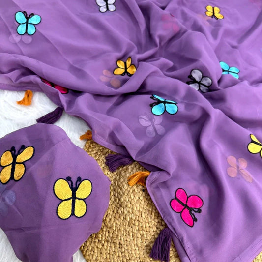 Premium Georgette Lavender Color Saree with Butterfly Embroidery