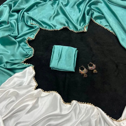 Sky blue and white satin saree plain