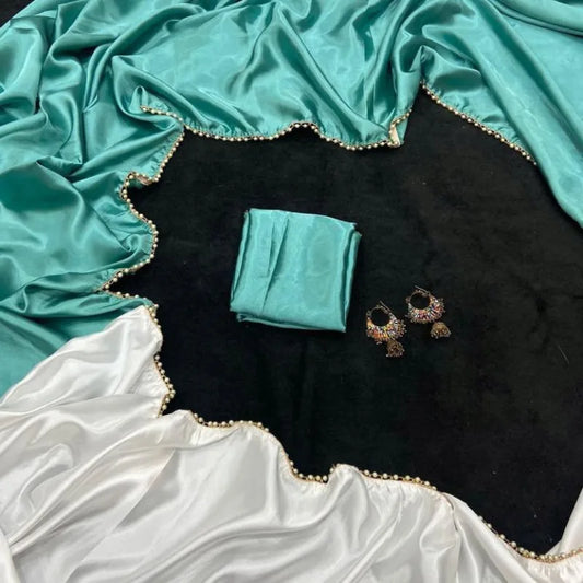 Sky blue and white satin saree plain