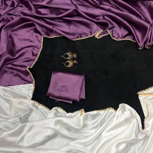 Lilac and white satin saree plain